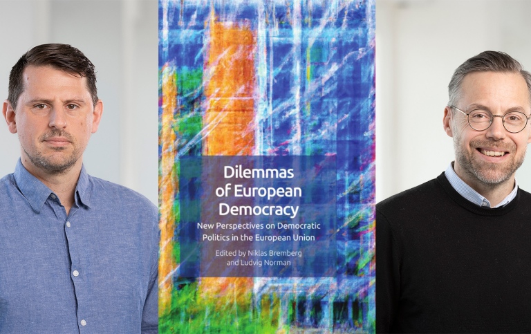 Ludvig Norman, Niklas Bremberg och framsidan på boken Dilemmas of European Democracy.